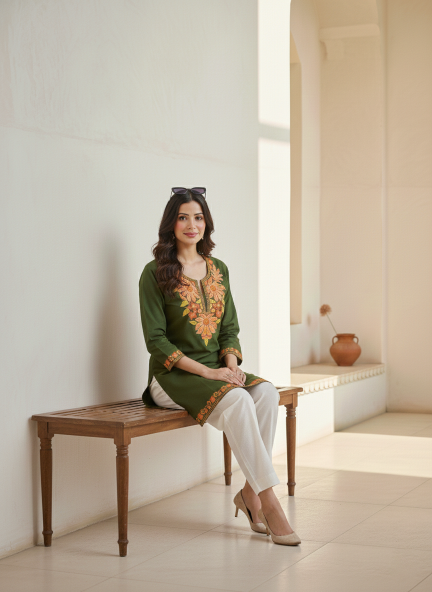 Forest Green Rust Aari Embroidered Cotton Short Kurti