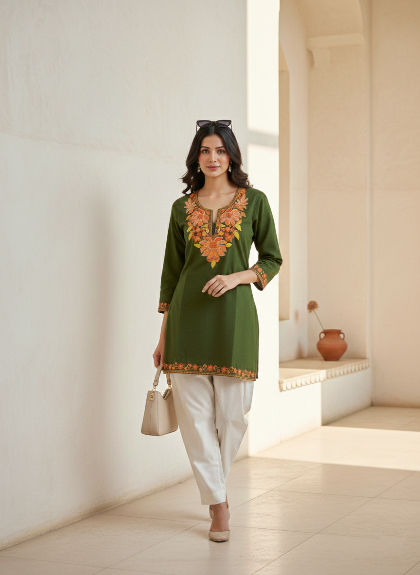 Forest Green Rust Aari Embroidered Cotton Short Kurti