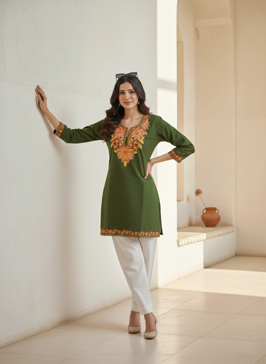 Forest Green Rust Aari Embroidered Cotton Short Kurti