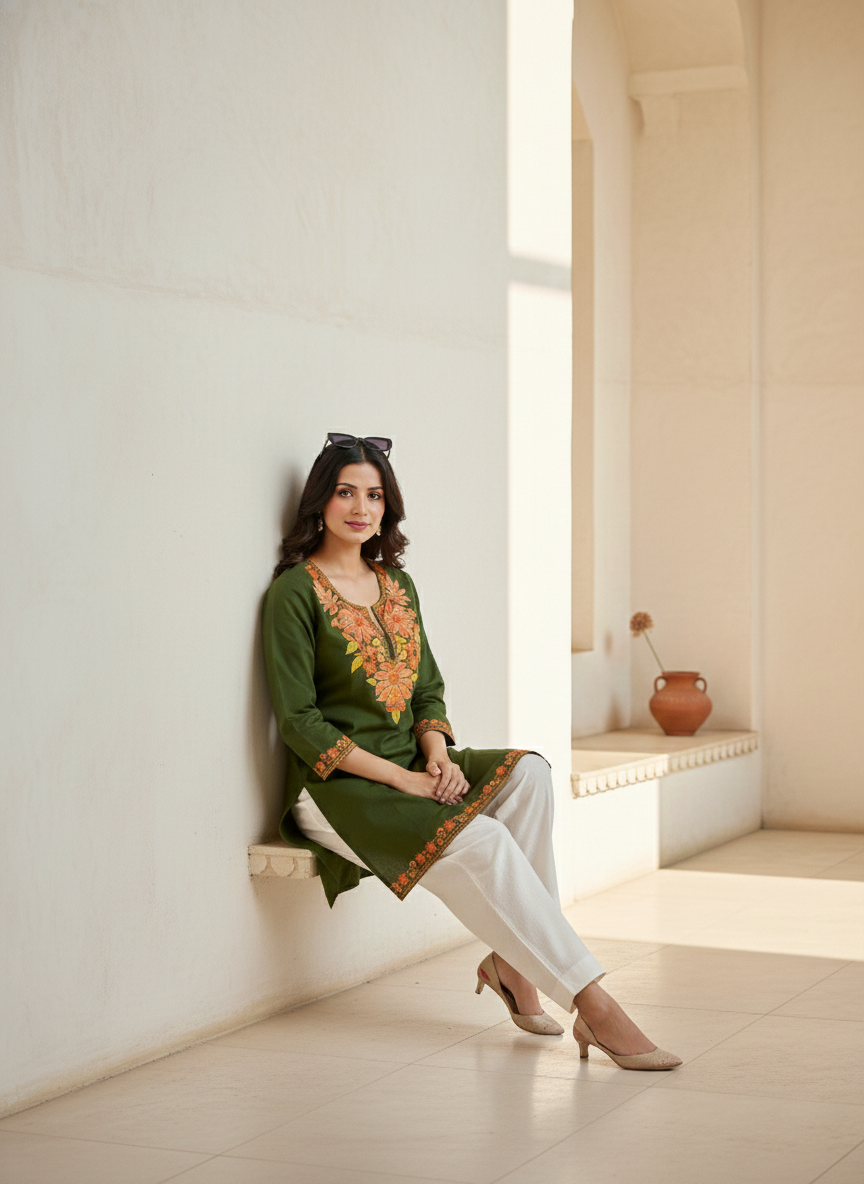 Forest Green Rust Aari Embroidered Cotton Short Kurti