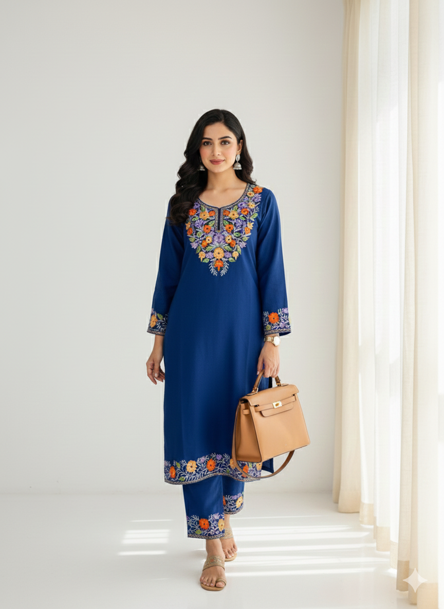 Navy Blue Aari Embroidered Kashmiri Co-ord set