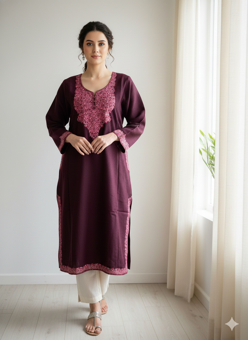 Wine Floral Aari Embroidered Kashmiri Pheran