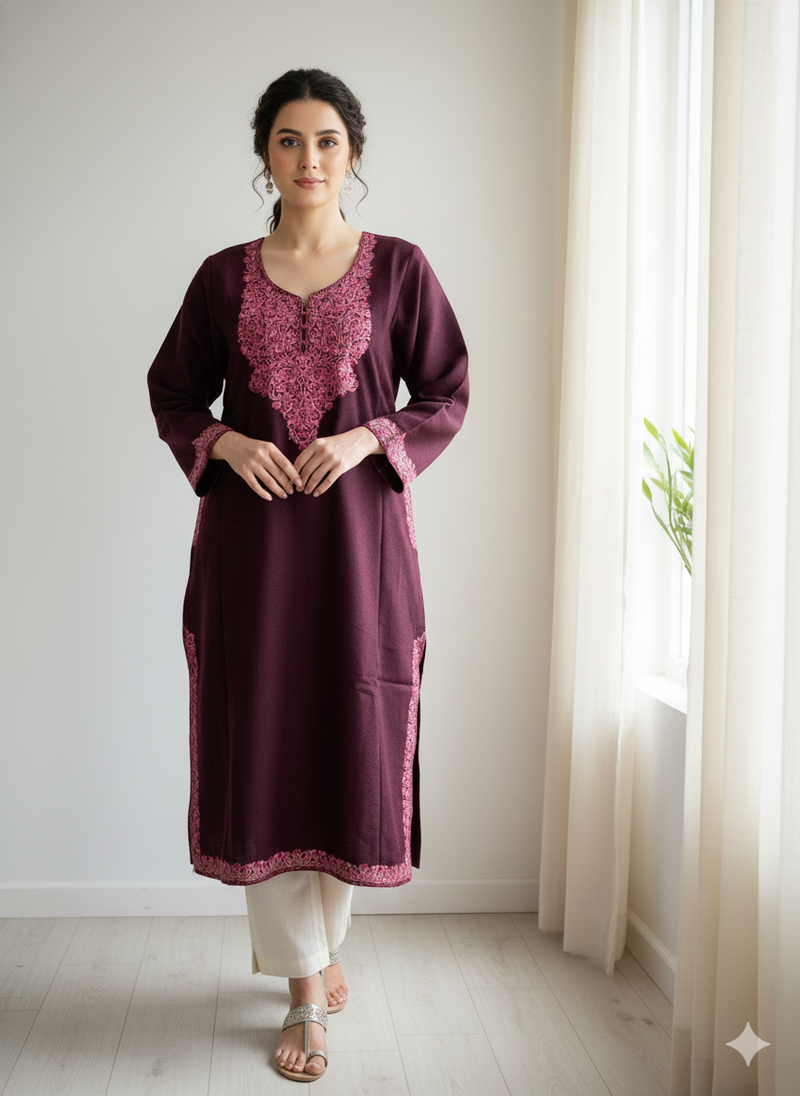Wine Floral Aari Embroidered Kashmiri Pheran