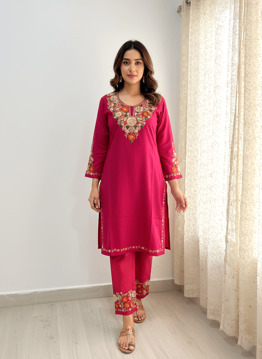 Hot Pink Aari Embroidered Kashmiri Co-ord set