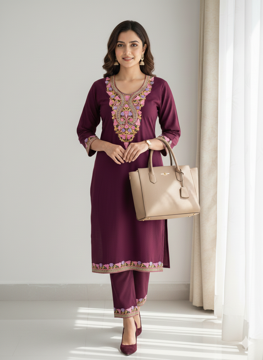 Wine Aari-Tilla Embroidered Kashmiri Co-ord set
