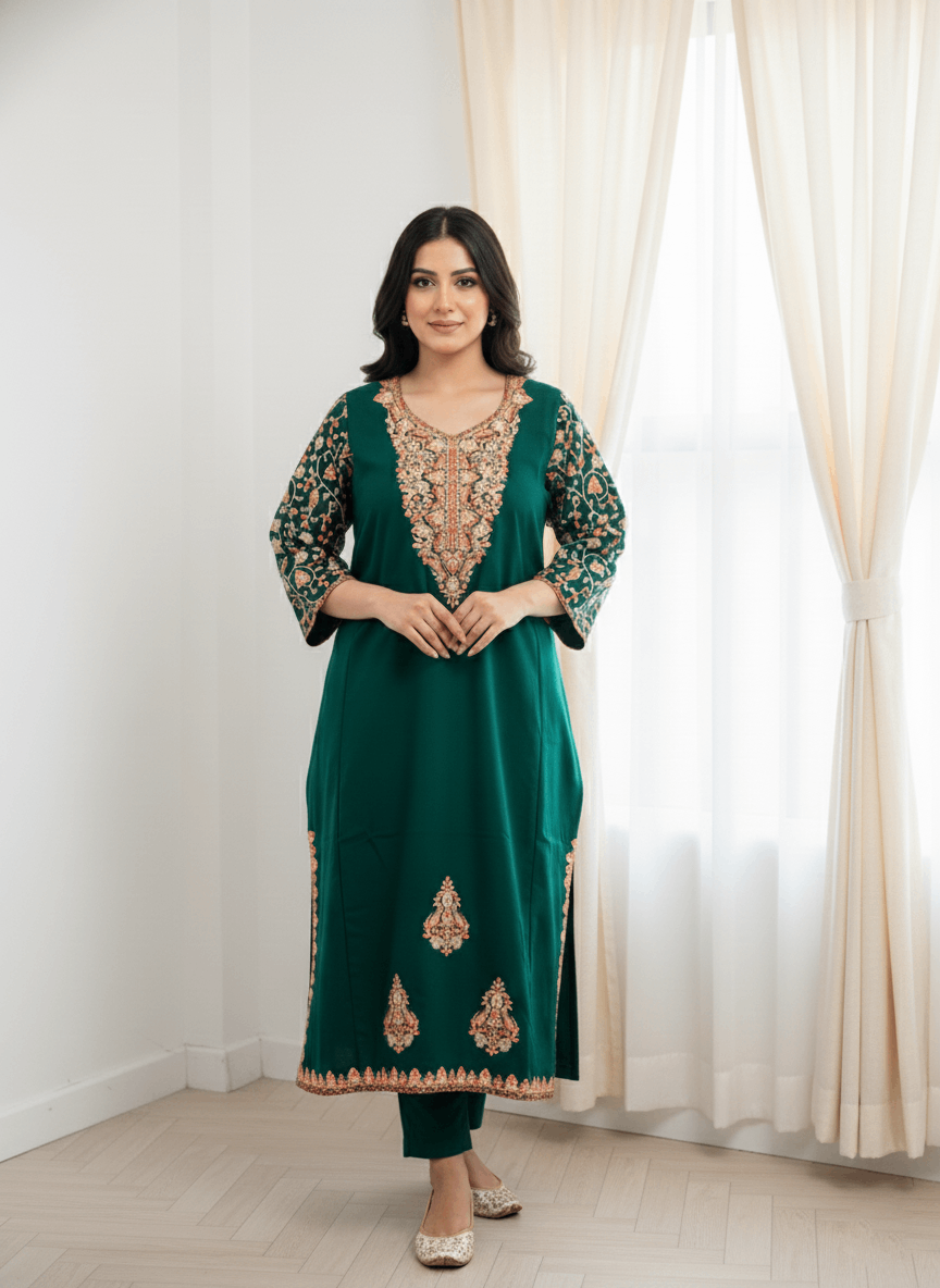 Green Aari–Tilla Embroidered Kashmiri Pheran