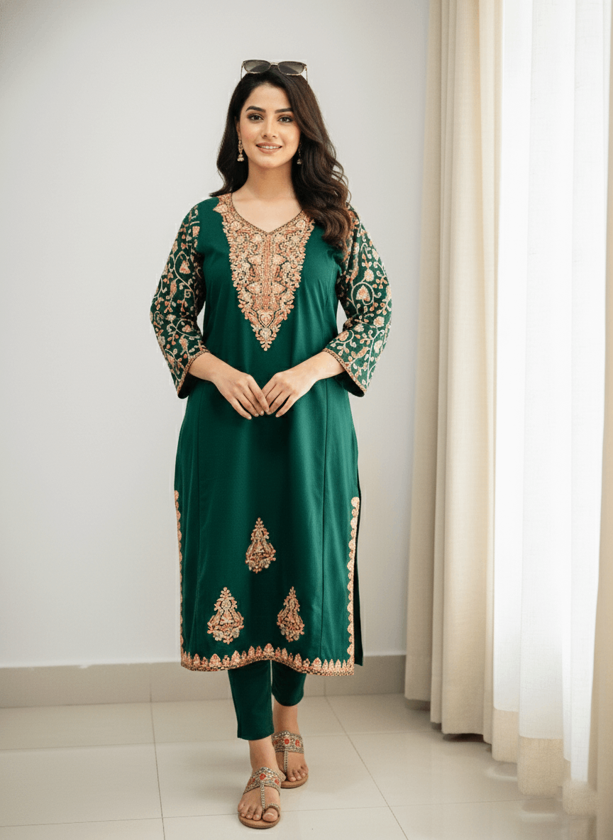 Green Aari–Tilla Embroidered Kashmiri Pheran