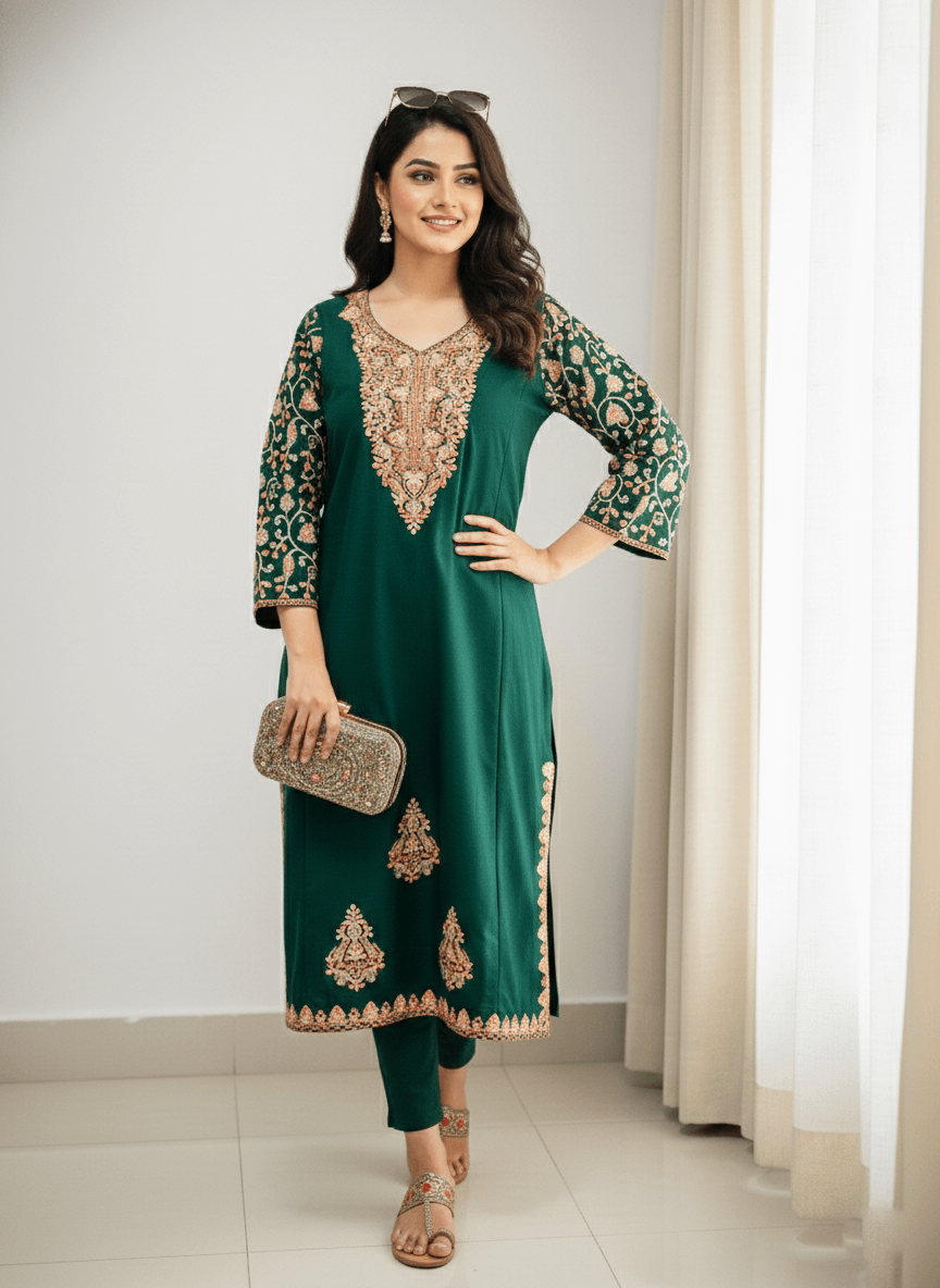 Green Aari–Tilla Embroidered Kashmiri Pheran