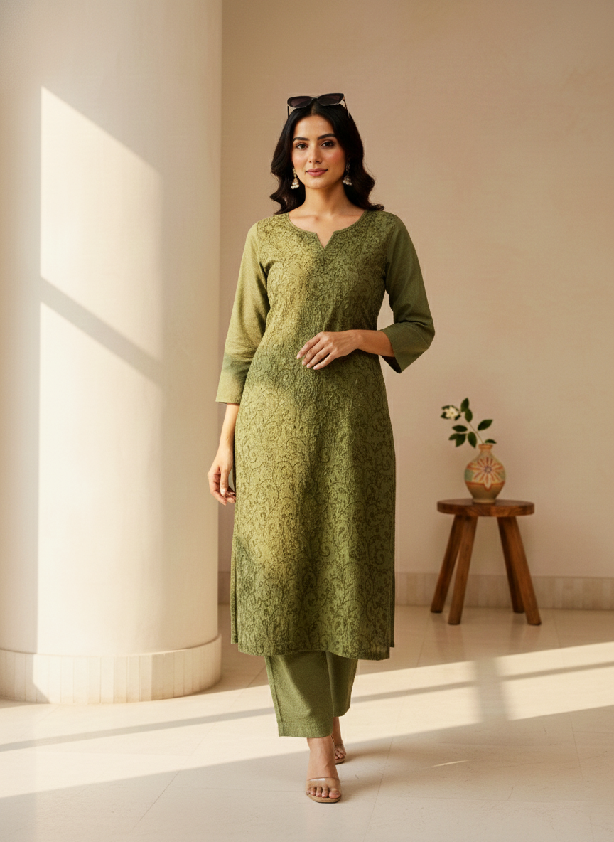 Green Aari Embroidered Cotton Coord Set