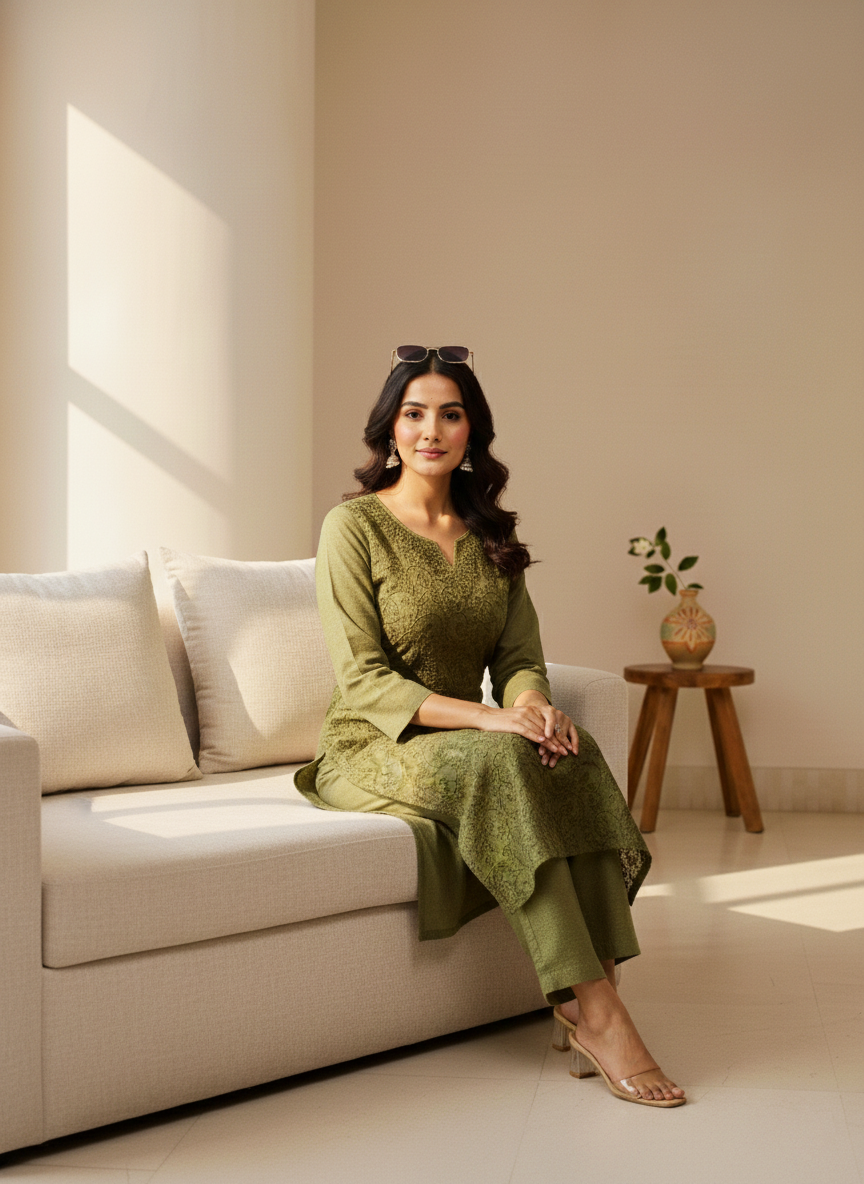 Green Aari Embroidered Cotton Coord Set