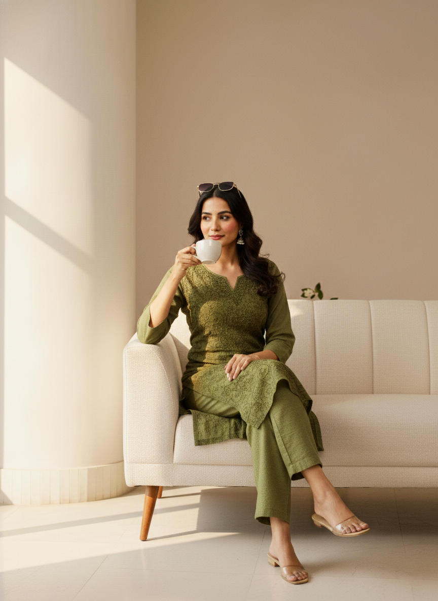 Green Aari Embroidered Cotton Coord Set