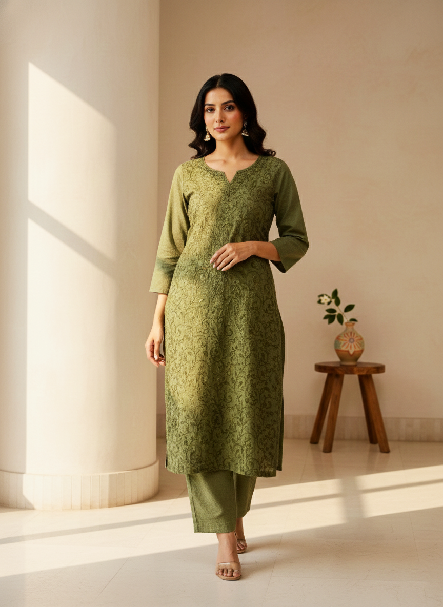 Green Aari Embroidered Cotton Coord Set