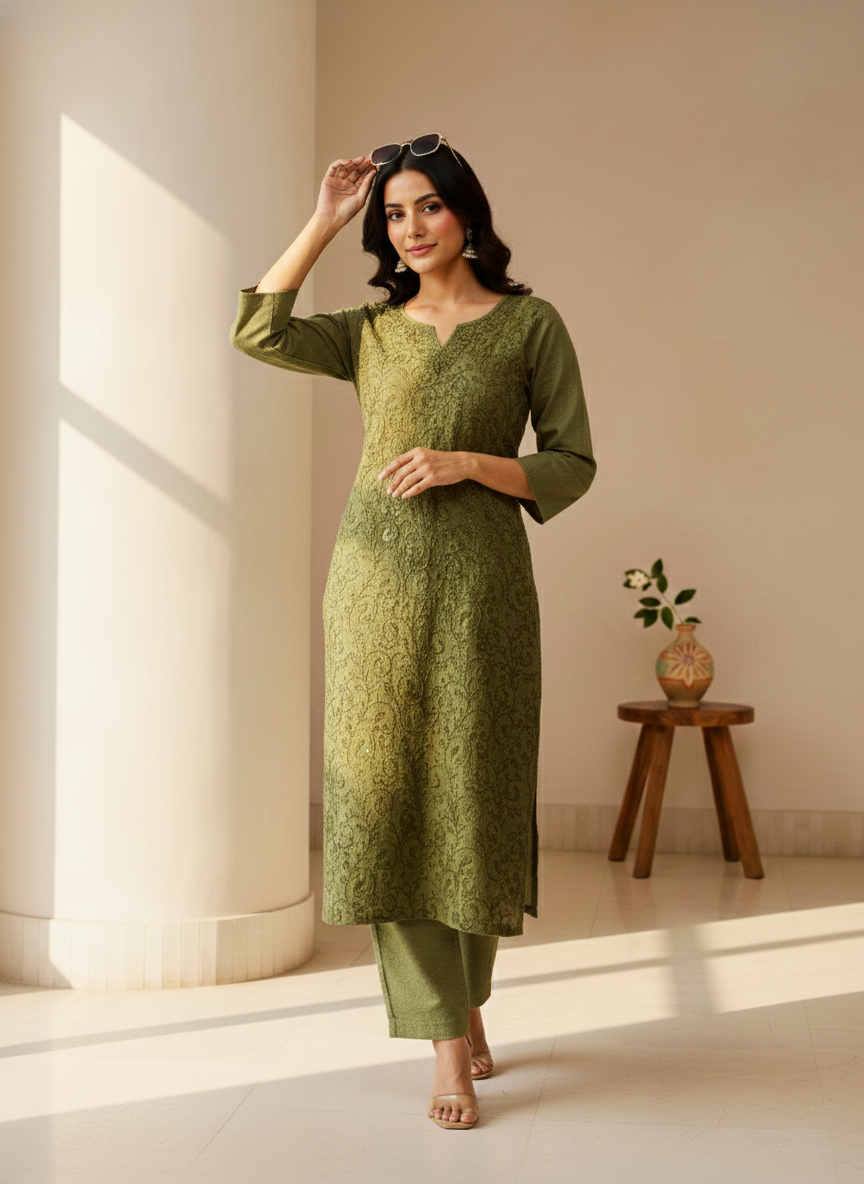 Green Aari Embroidered Cotton Coord Set