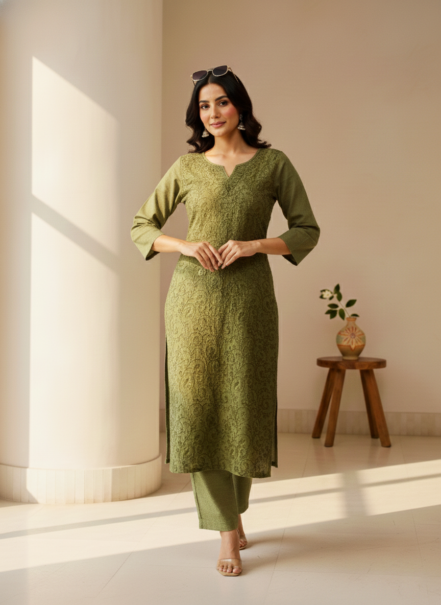 Green Aari Embroidered Cotton Coord Set
