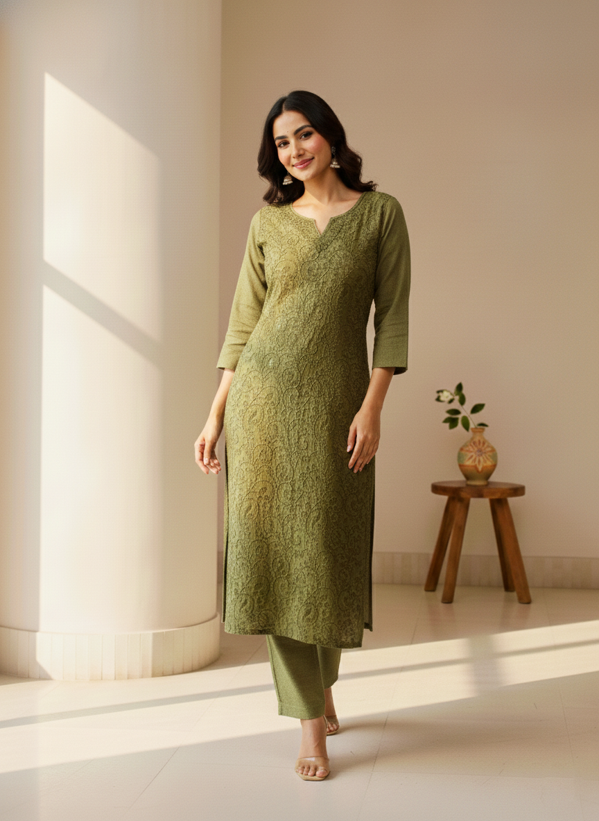 Green Aari Embroidered Cotton Coord Set