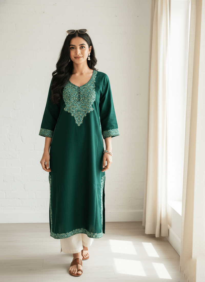 Green Floral Aari Embroidered Kashmiri Pheran
