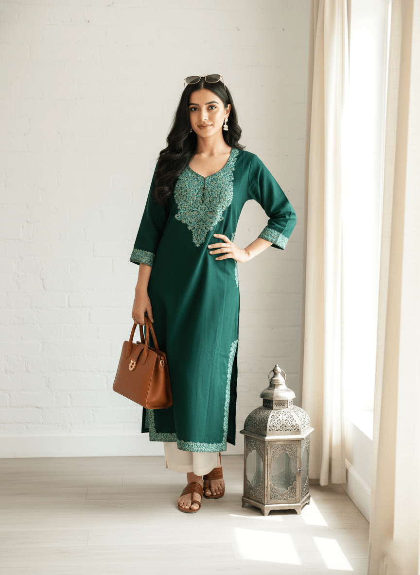 Green Floral Aari Embroidered Kashmiri Pheran