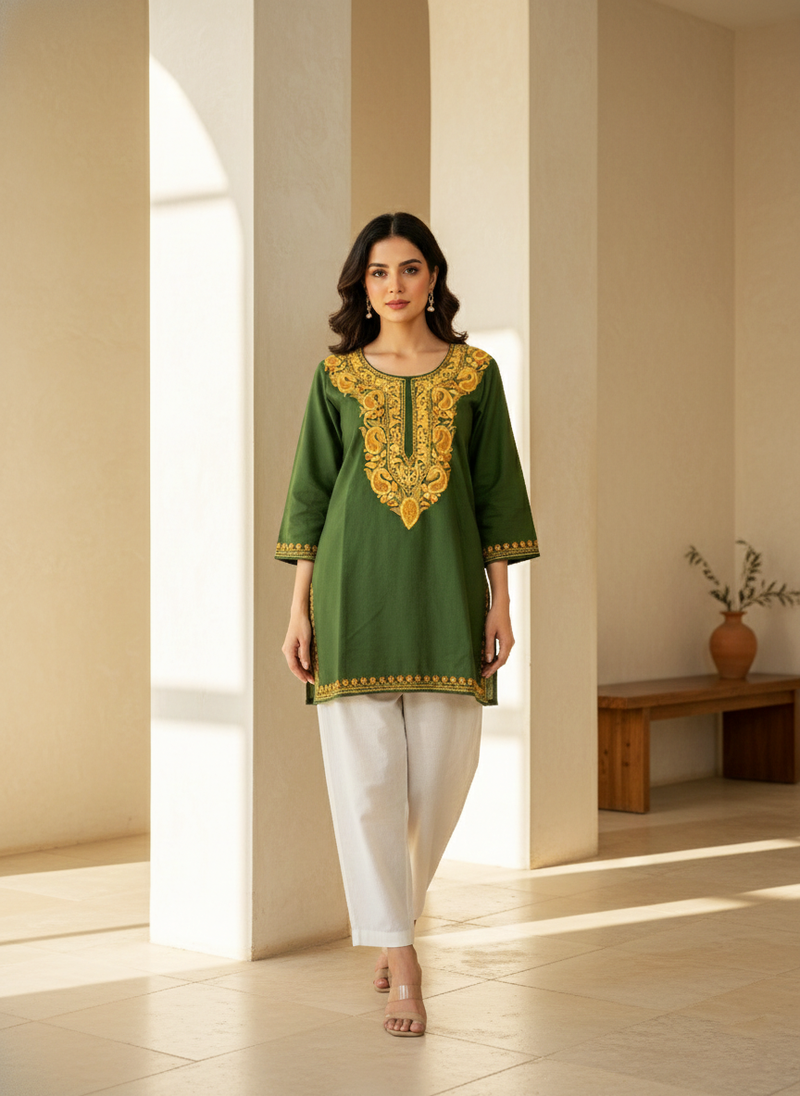 Green Gold Aari Embroidered Cotton Short Kurti