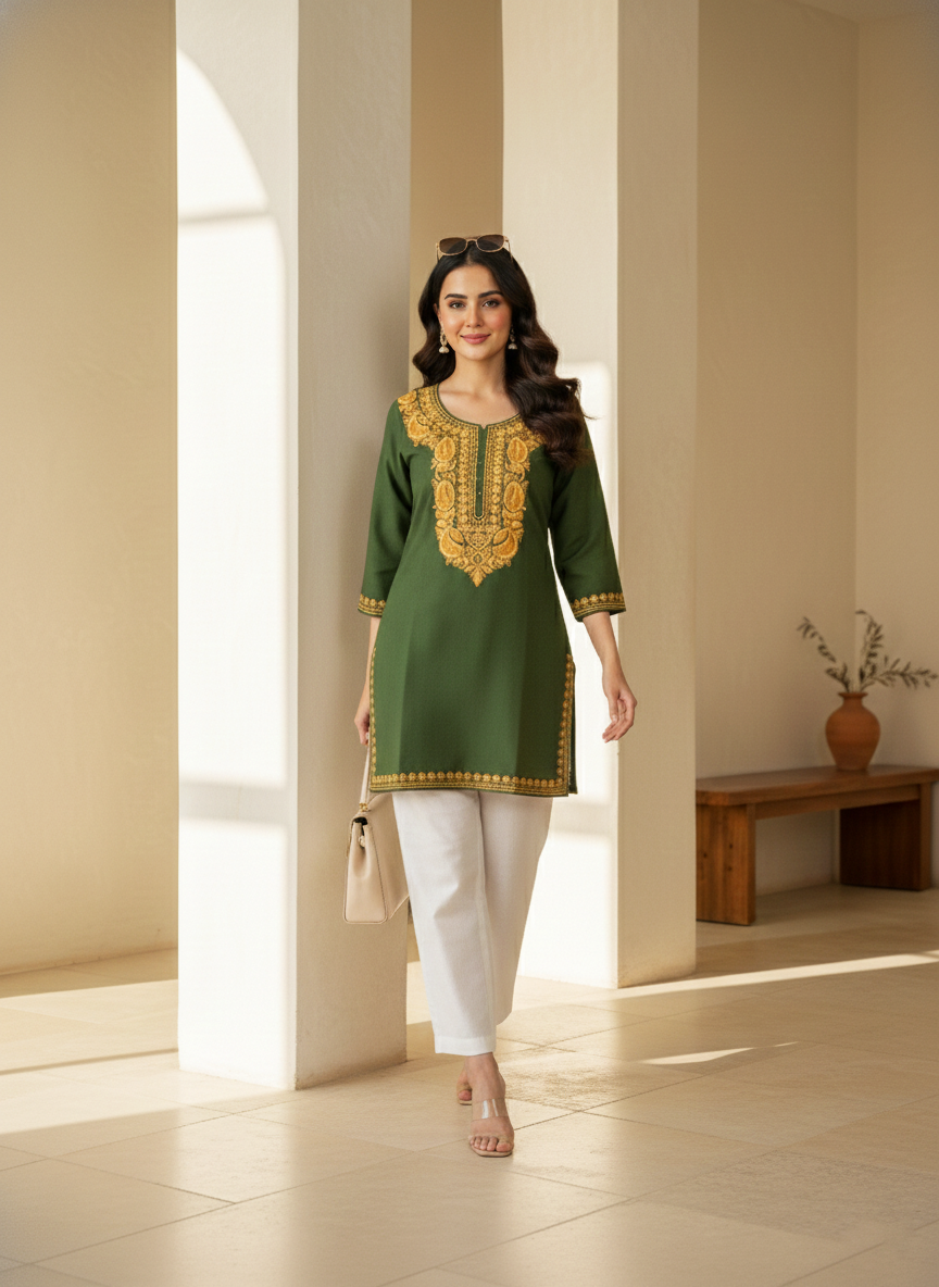 Green Gold Aari Embroidered Cotton Short Kurti
