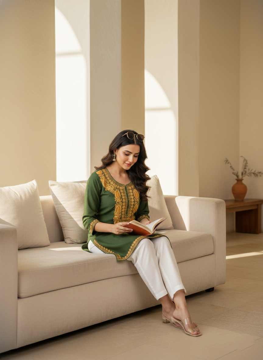 Green Gold Aari Embroidered Cotton Short Kurti