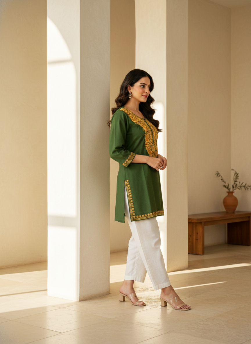 Green Gold Aari Embroidered Cotton Short Kurti