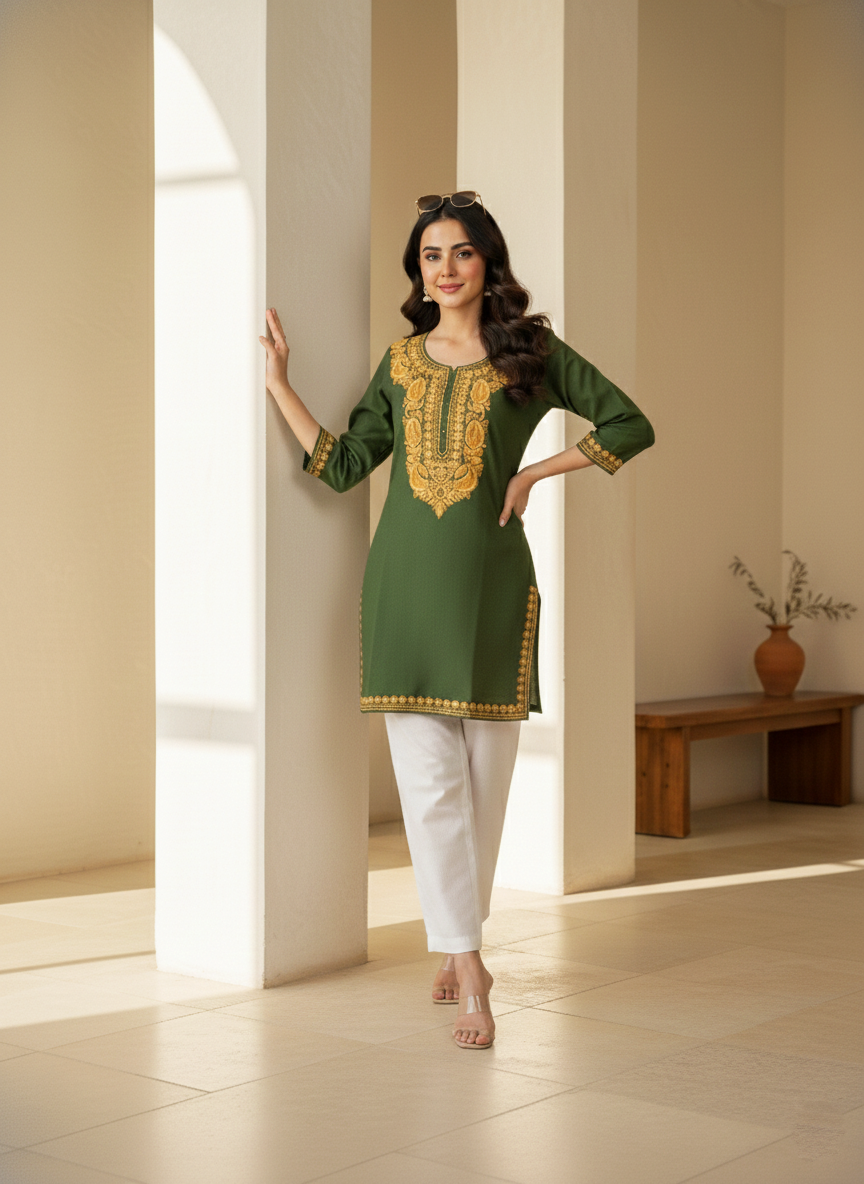 Green Gold Aari Embroidered Cotton Short Kurti