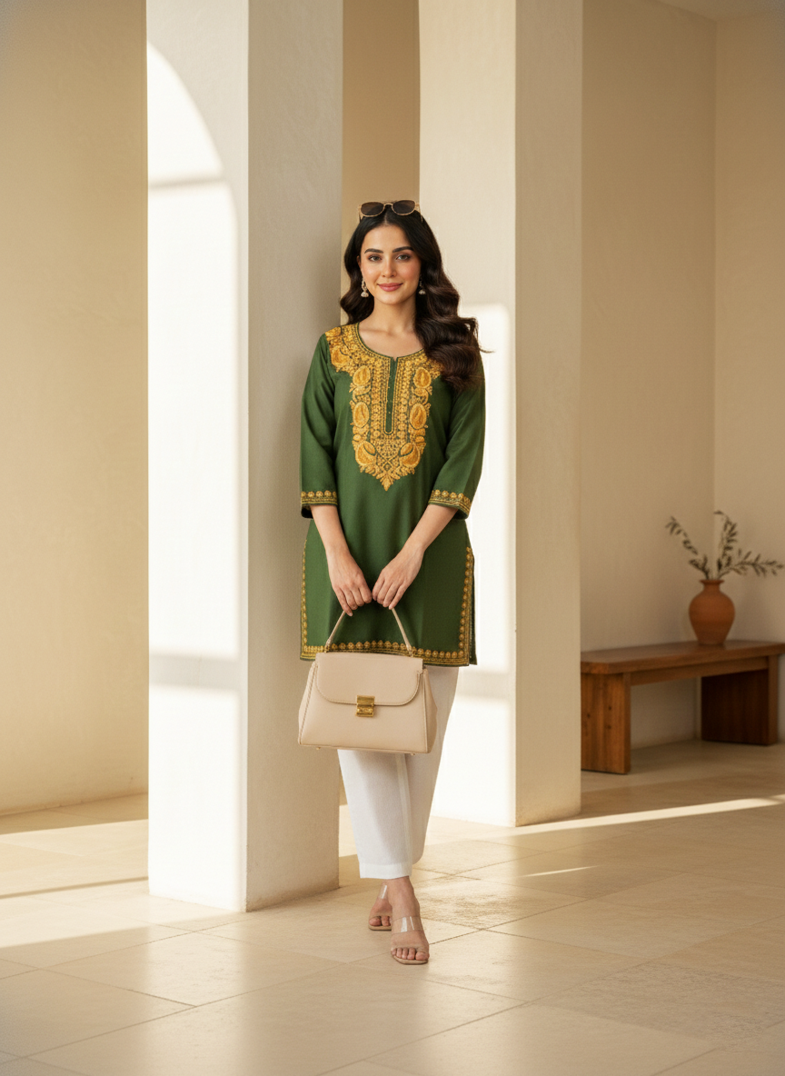 Green Gold Aari Embroidered Cotton Short Kurti
