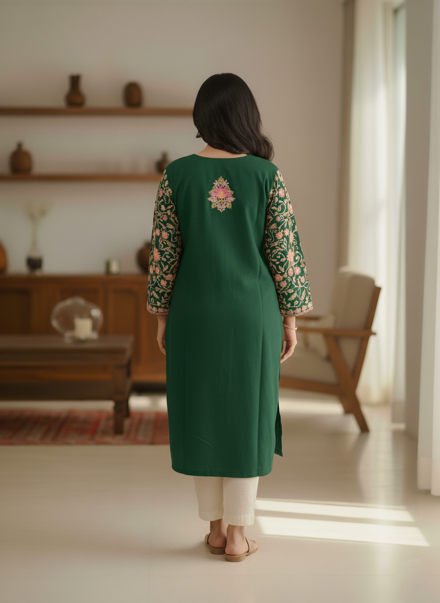 Dark Green Kashmiri Embroidered Pheran