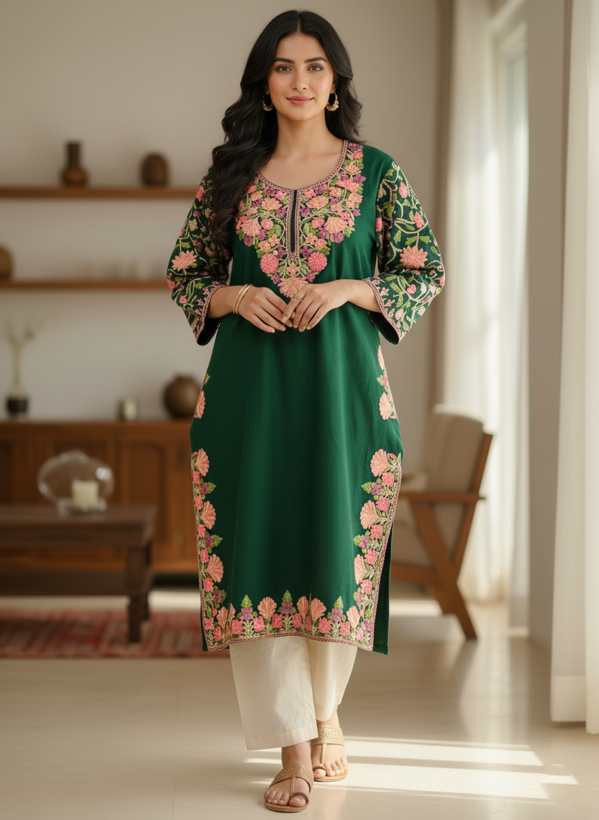 Dark Green Kashmiri Embroidered Pheran