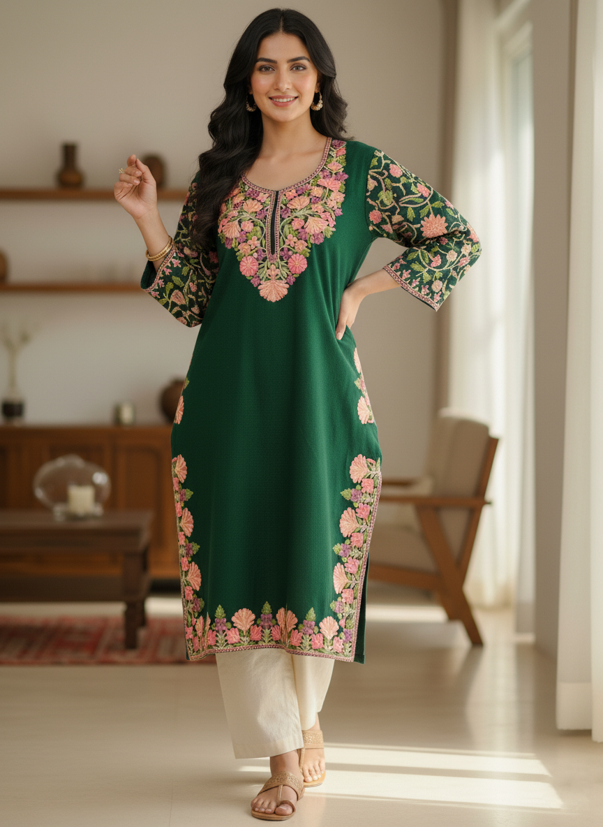 Dark Green Kashmiri Embroidered Pheran