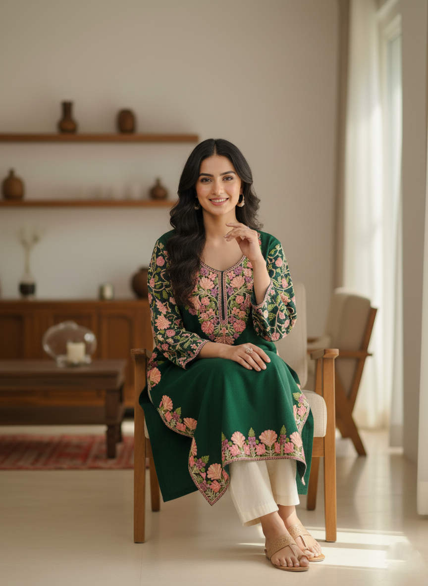 Dark Green Kashmiri Embroidered Pheran