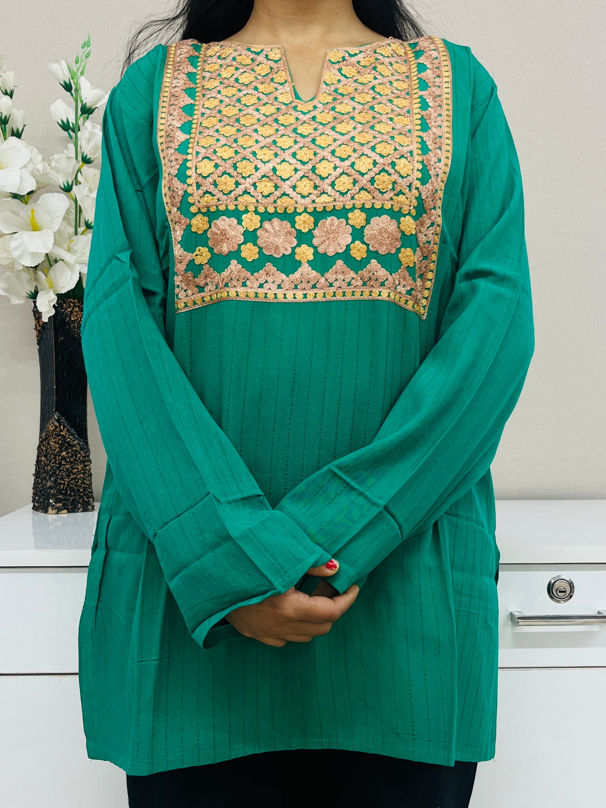  Green With Golden Embroidered Cotton Straight Kurti 