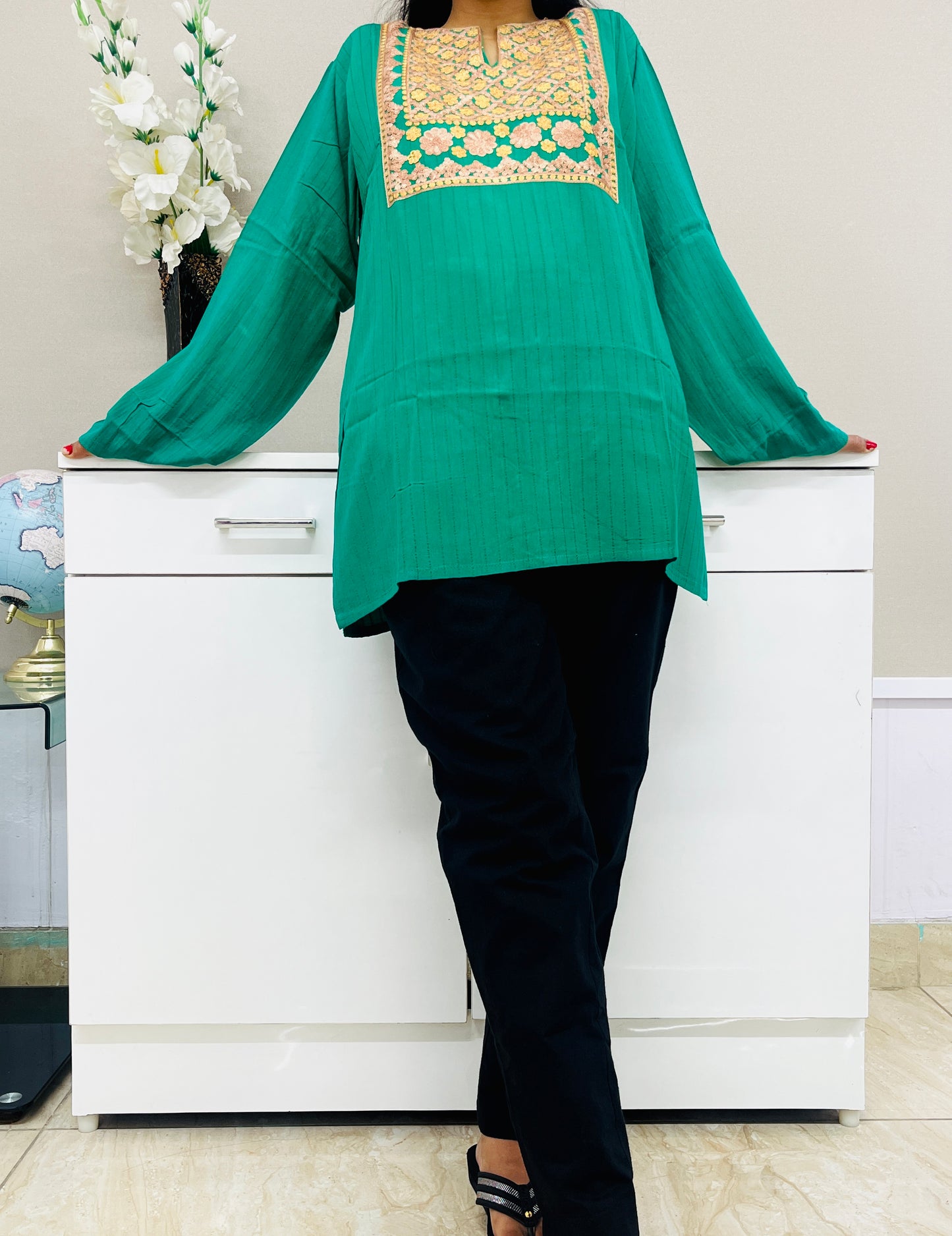  Green With Golden Embroidered Thread Work Cotton Straight Kurti For Women