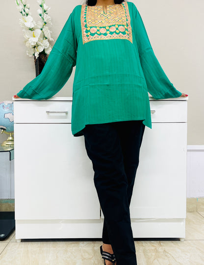  Green With Golden Embroidered Thread Work Cotton Straight Kurti For Women