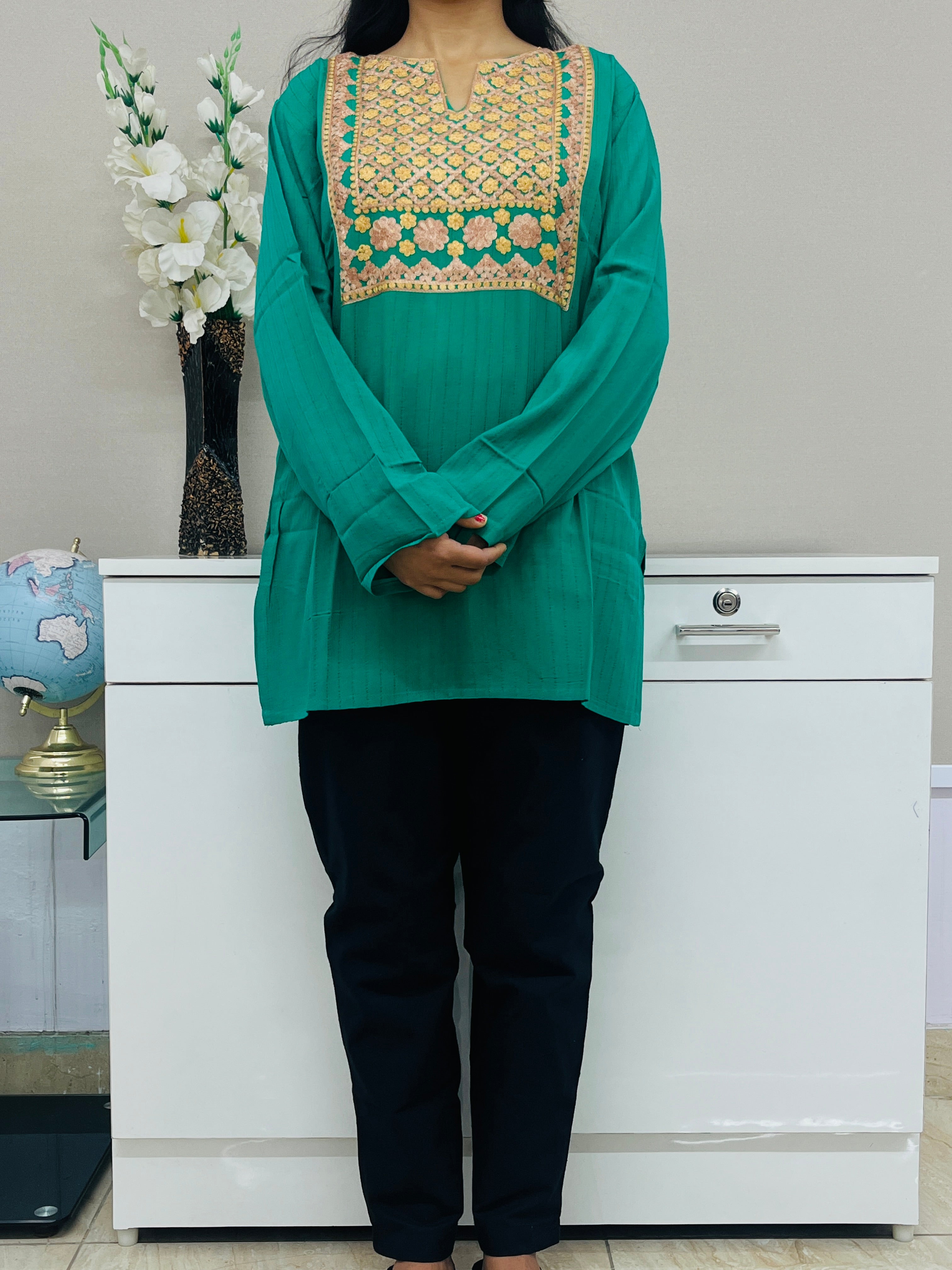  Green With Golden Thread Work Cotton Straight Kurti For Women