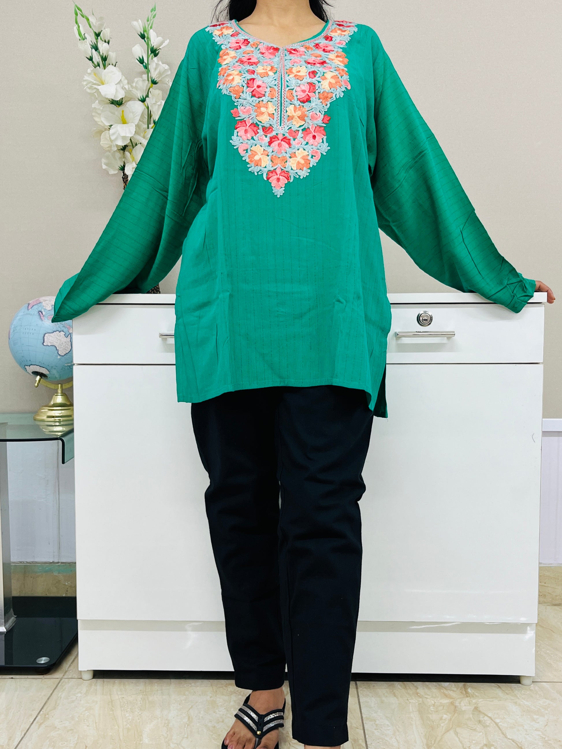 Green With Multicolor Embroidered Cotton Straight Kurti