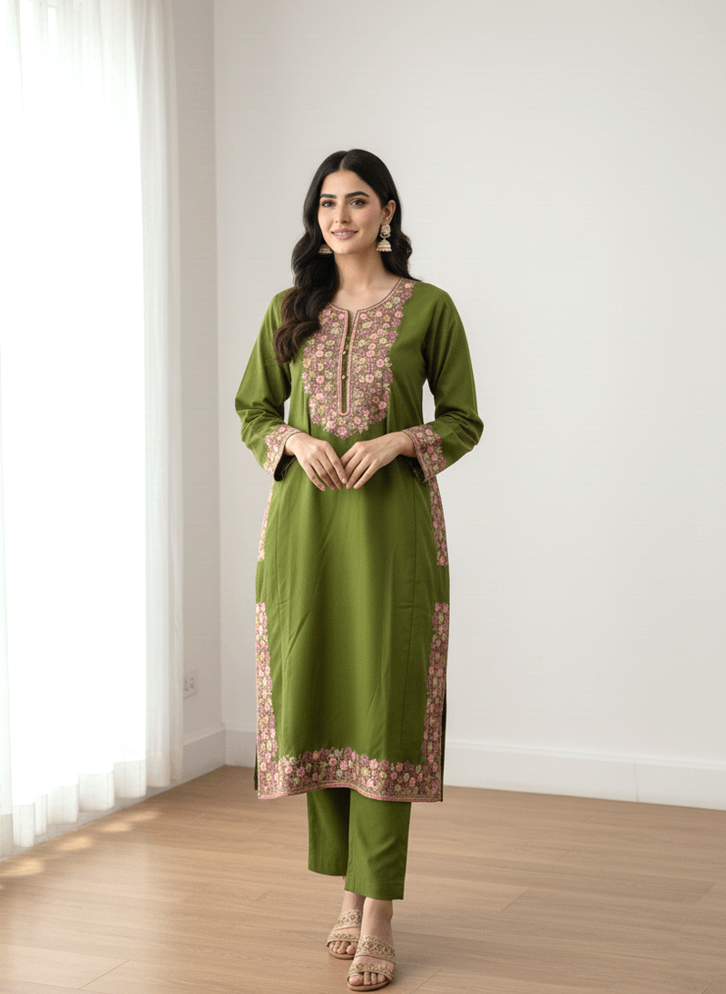 Olive Green Floral Embroidered Kashmiri Pheran