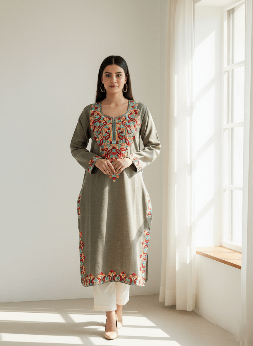 Grey Embroidered Kashmiri Pheran