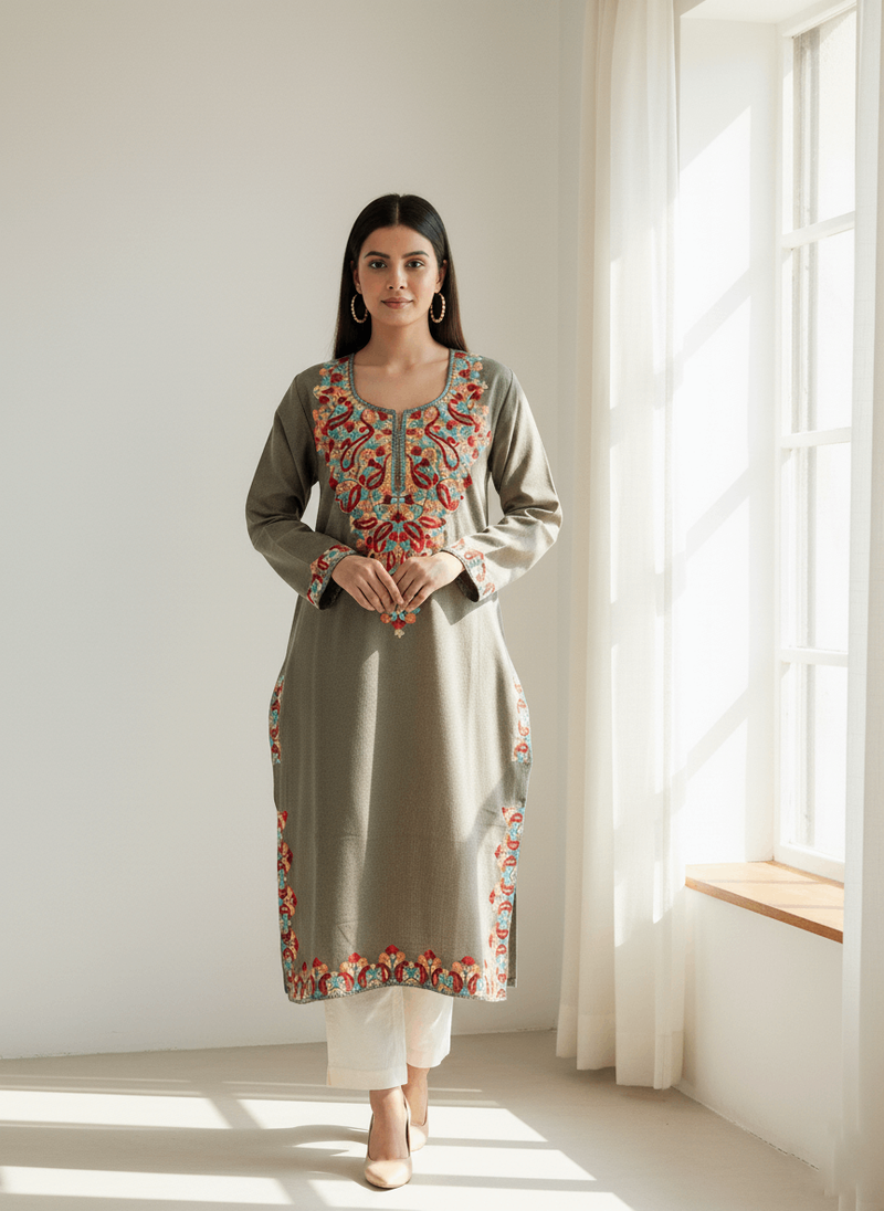 Grey Embroidered Kashmiri Pheran