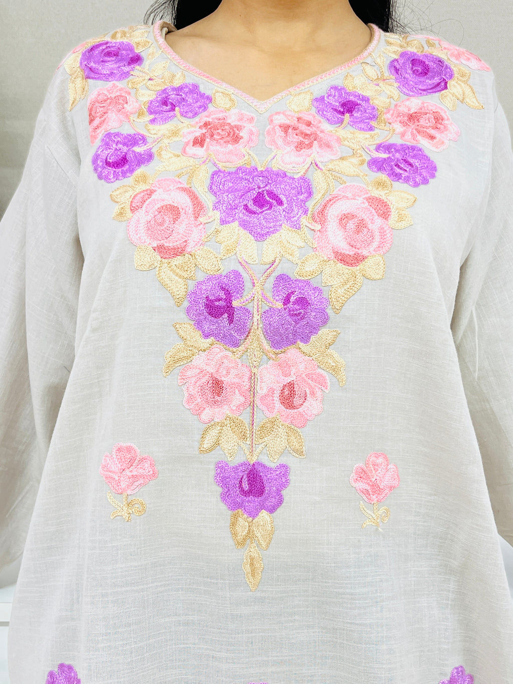 Grey With Pink Embroidered Cotton Straight Kuti 