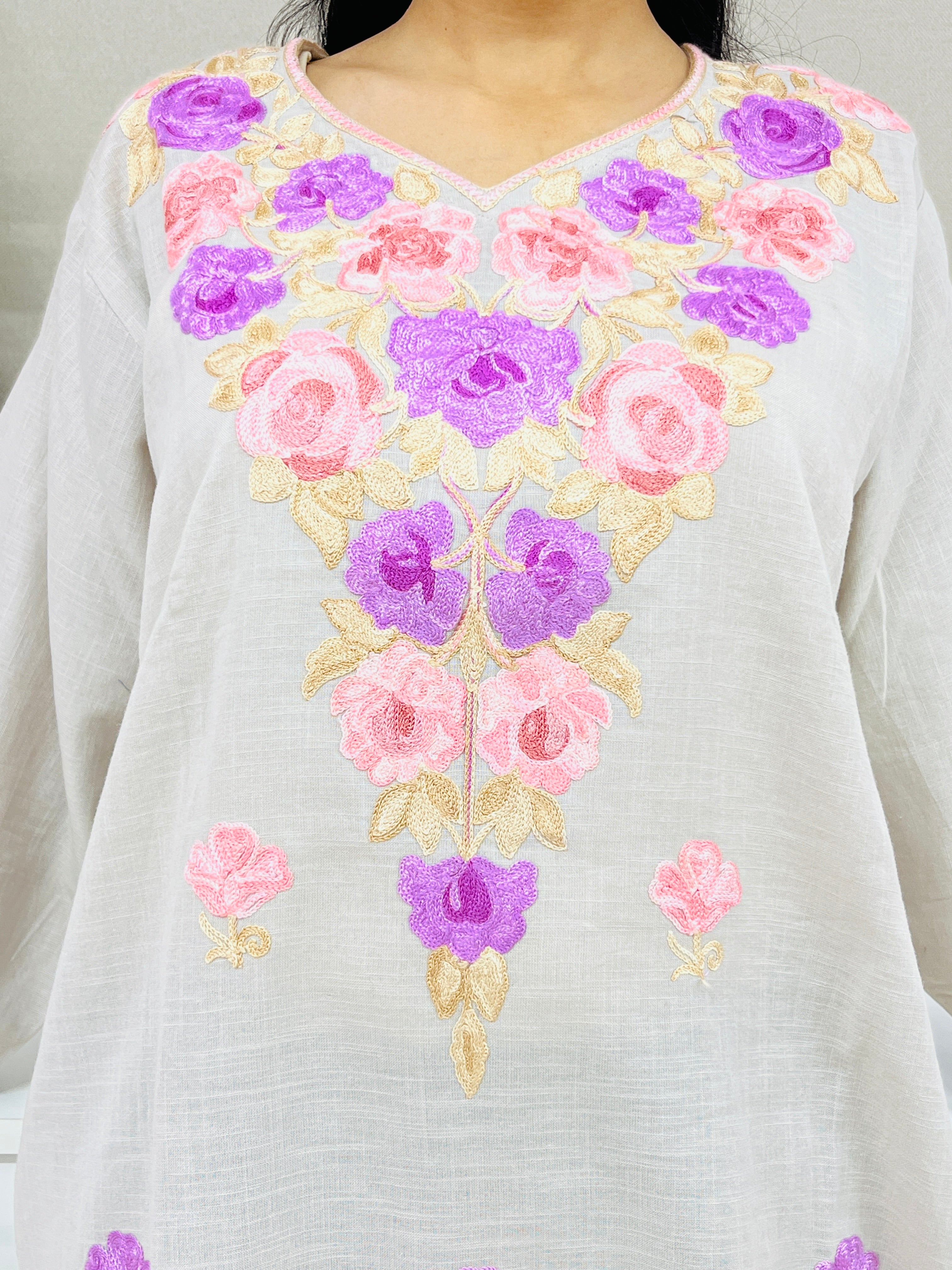 Grey With Pink Embroidered Cotton Straight Kuti 