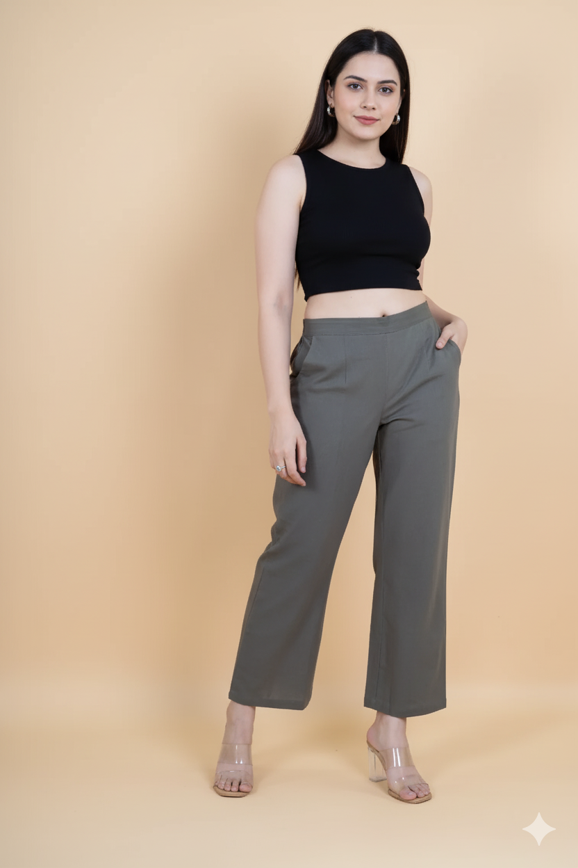 Cement Grey Women Wide Leg Cotton Pant