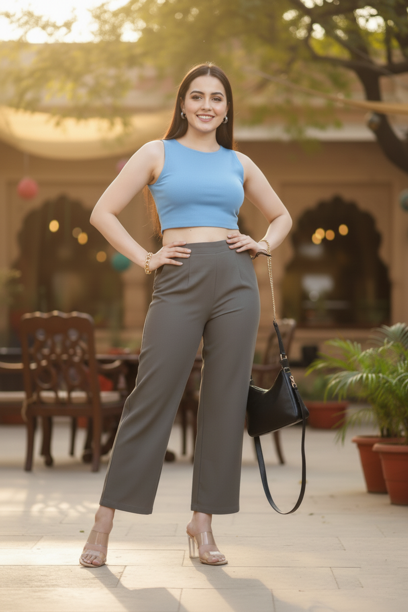 Grey Women Wide Leg Cotton Pant