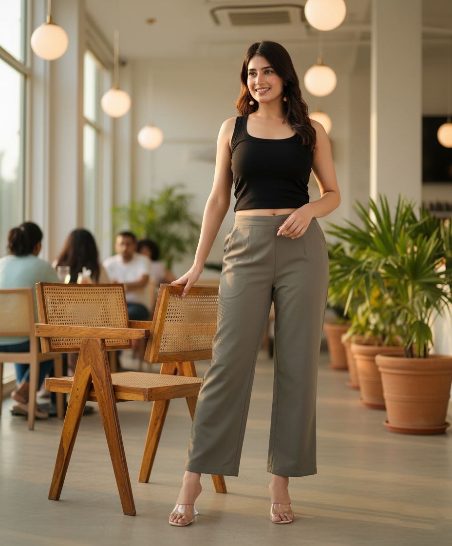 Grey Women Wide Leg Cotton Pant