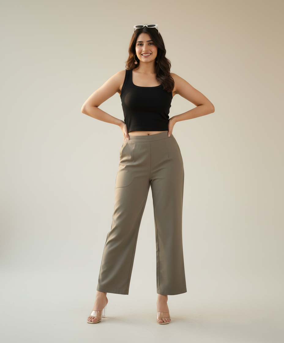 Grey Women Wide Leg Cotton Pant