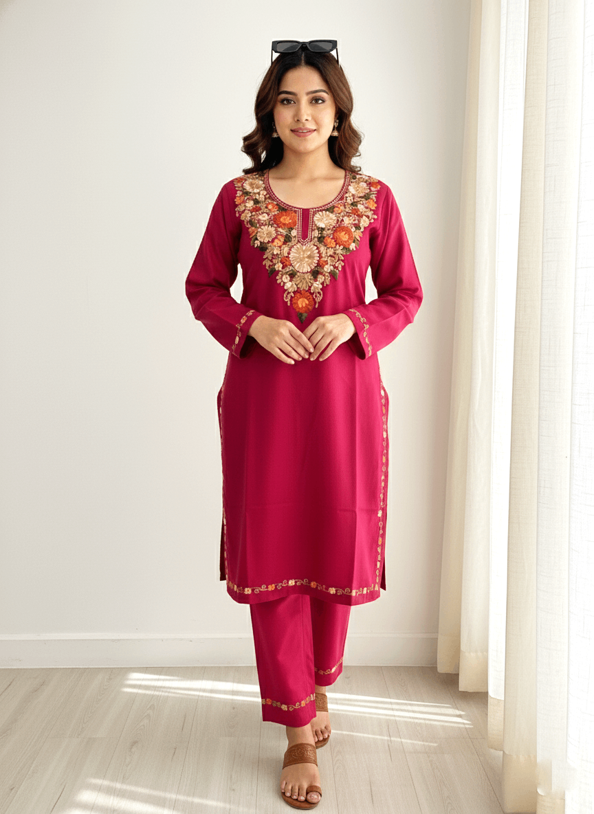 Hot Pink Aari Embroidered Kashmiri Co-ord set