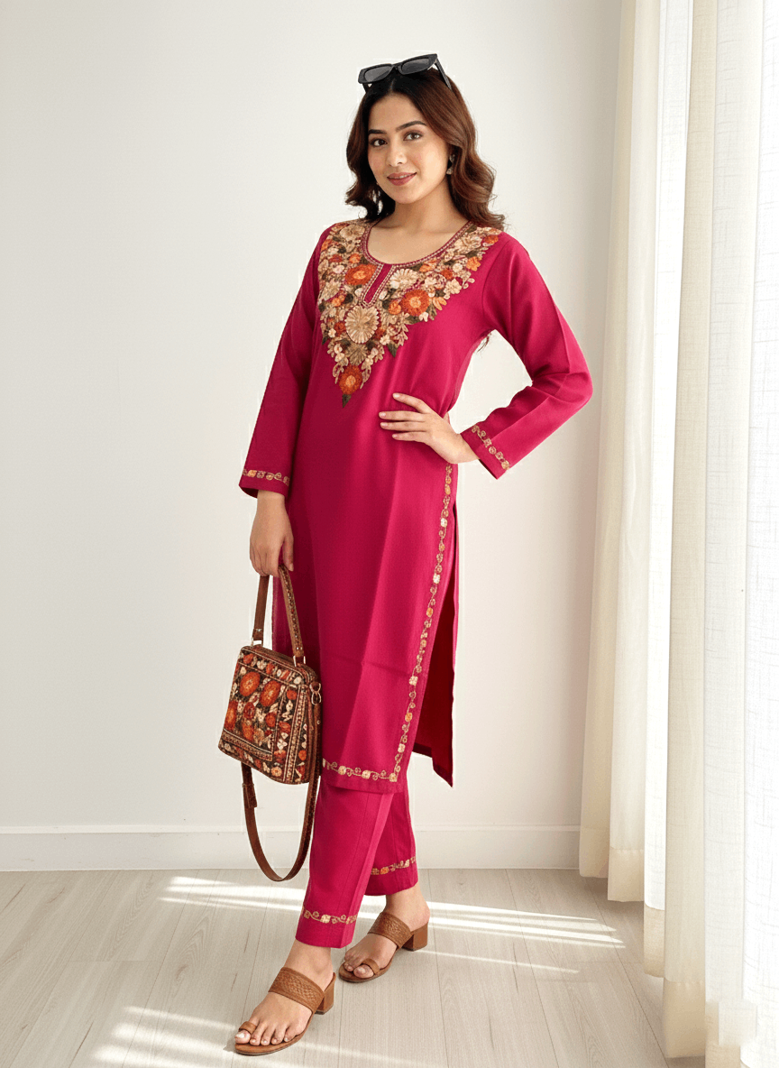 Hot Pink Aari Embroidered Kashmiri Co-ord set