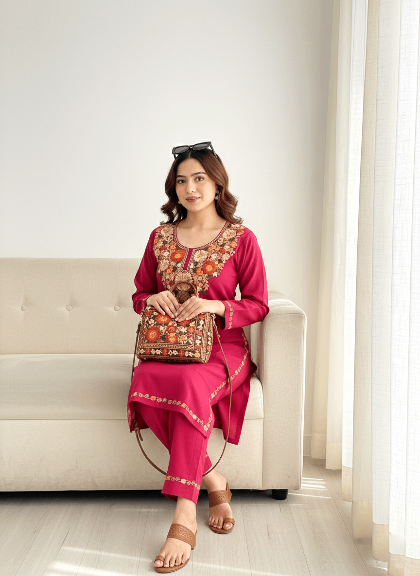 Hot Pink Aari Embroidered Kashmiri Co-ord set