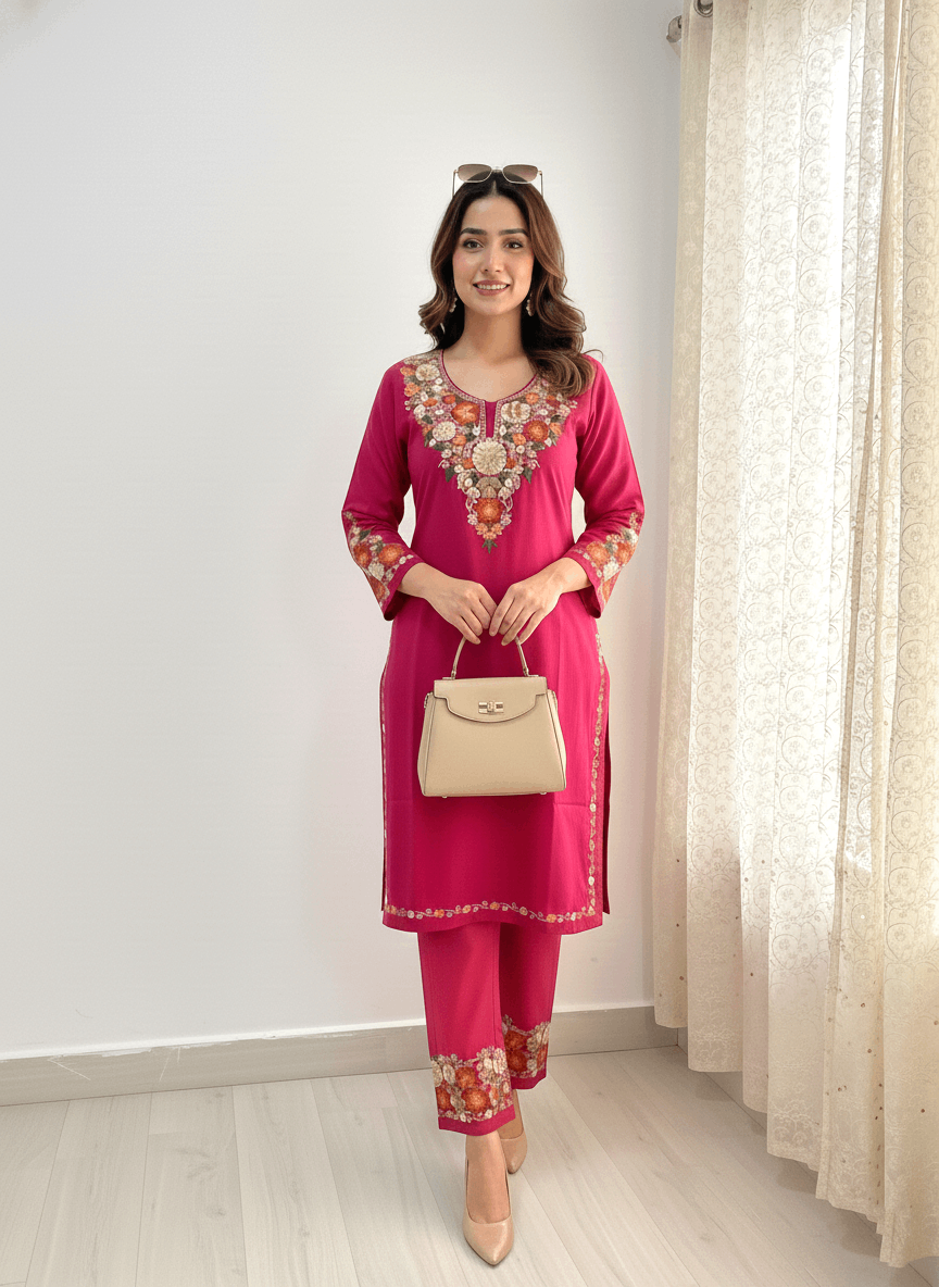 Hot Pink Aari Embroidered Kashmiri Co-ord set