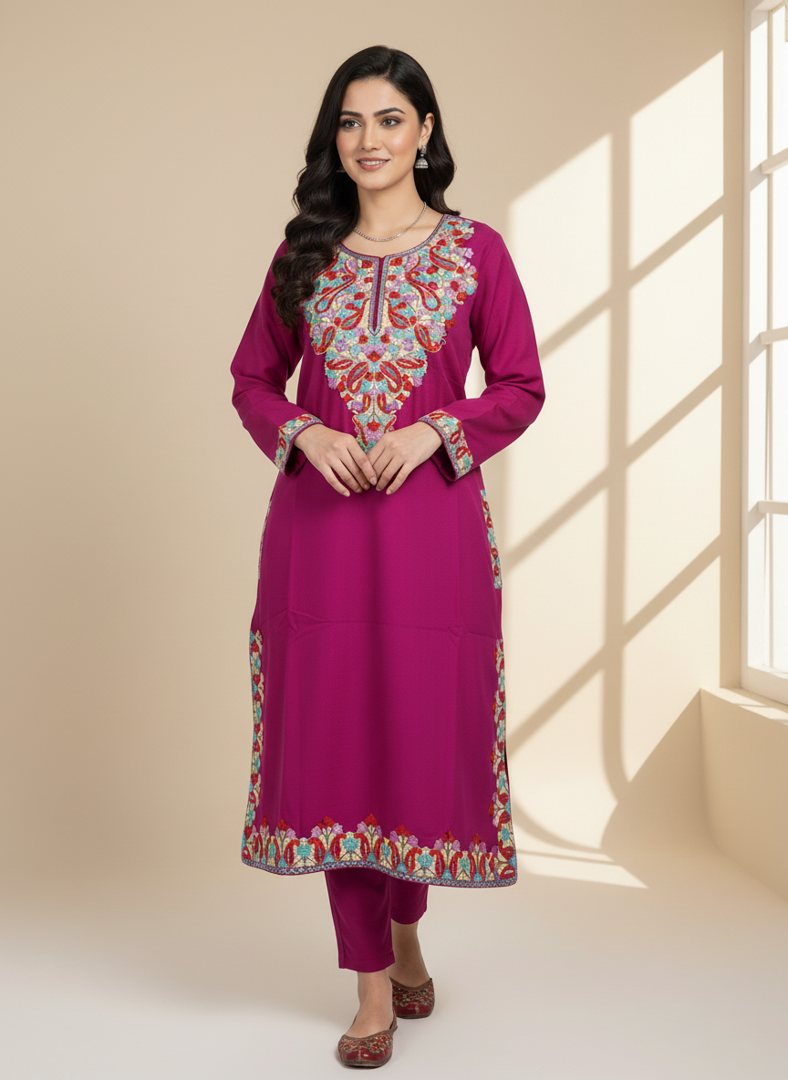 Hot Pink Embroidered Kashmiri Pheran
